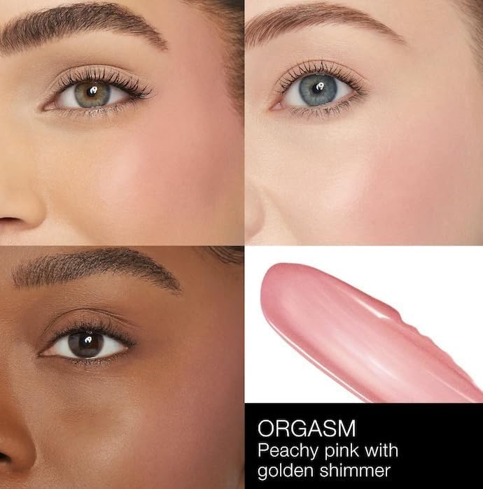 NARS Afterglow Orgasm teinte pêche-rose avec paillettes dorées.