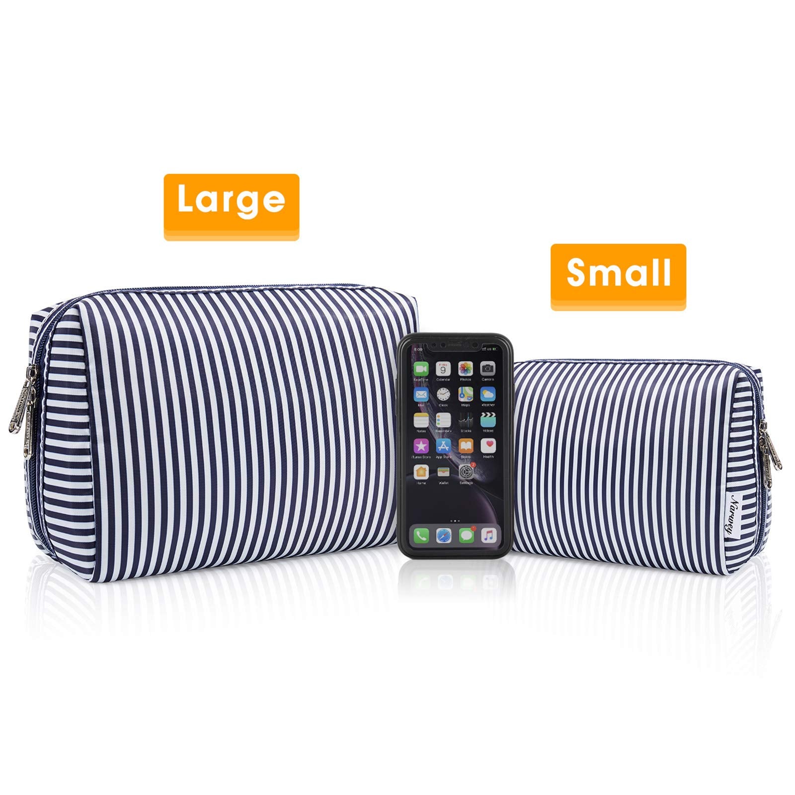 Narwey sac maquillage voyage bleu rayé, couleur vive pour repérer rapidement.
