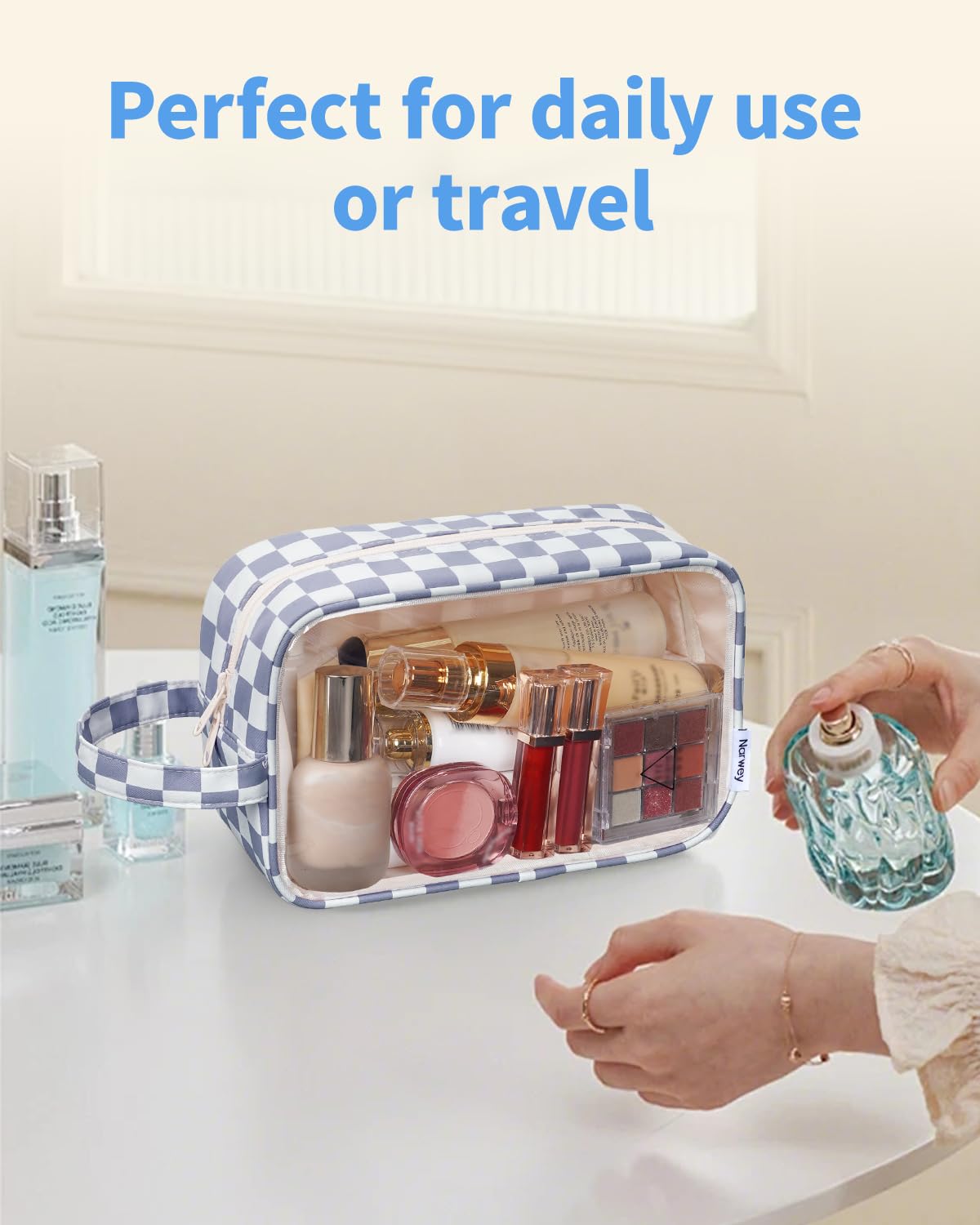 Narwey sac de toilette clair durable, motif damier gris bleu, parfait pour le voyage