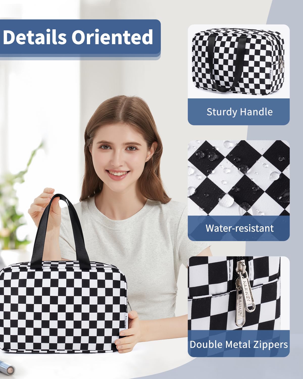 Narwey design compact elegant noir carreaux, ideal pour voyage et usage quotidien.