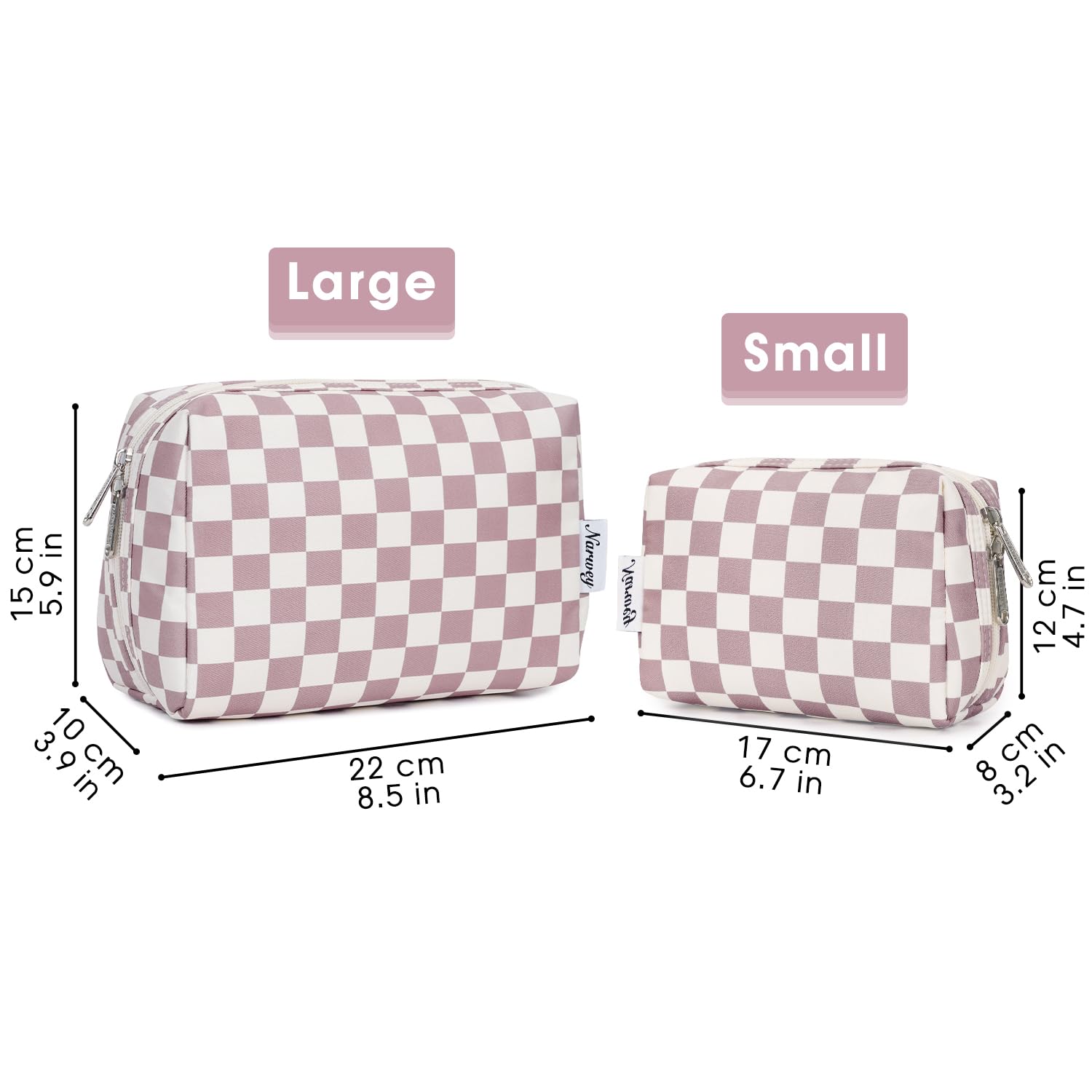 Dimensions 22x15x10 cm, Narwey pochette carreaux rose, compacte et pratique