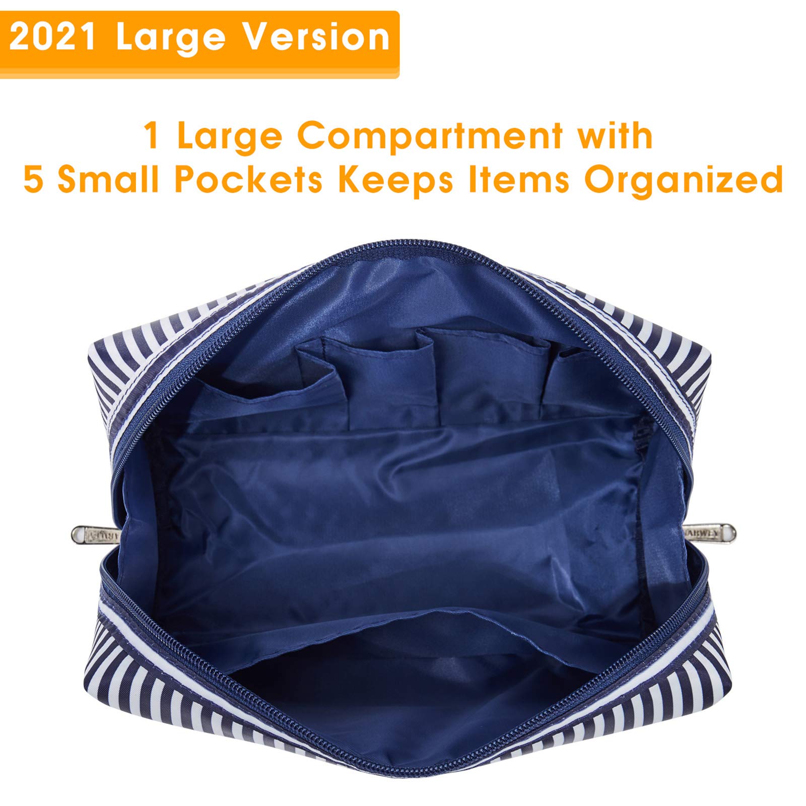 Narwey sac maquillage voyage bleu rayé, dimensions 22x15x10 cm pour plus de capacité.