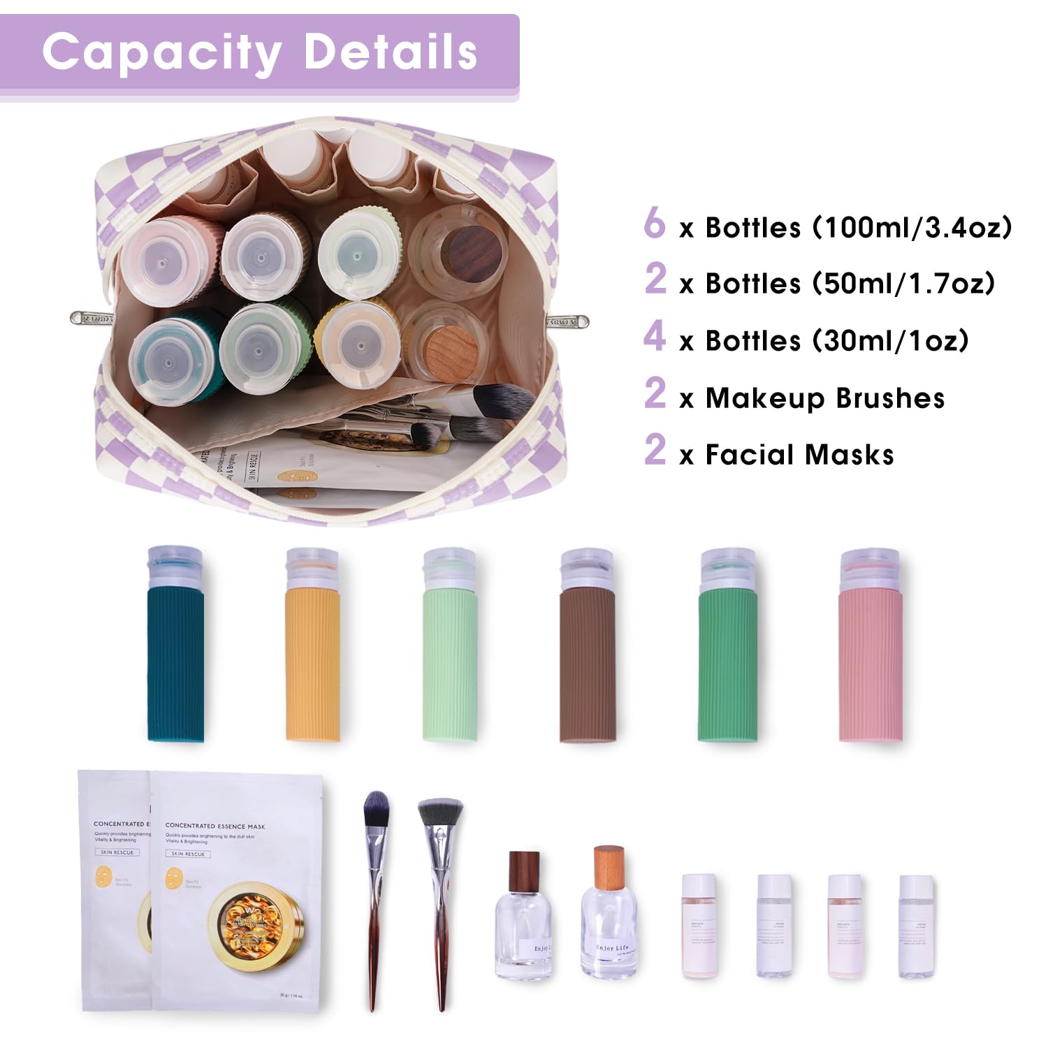 Narwey sac-maquillage violet à carreaux, fermeture éclair durable pour un transport fiable.