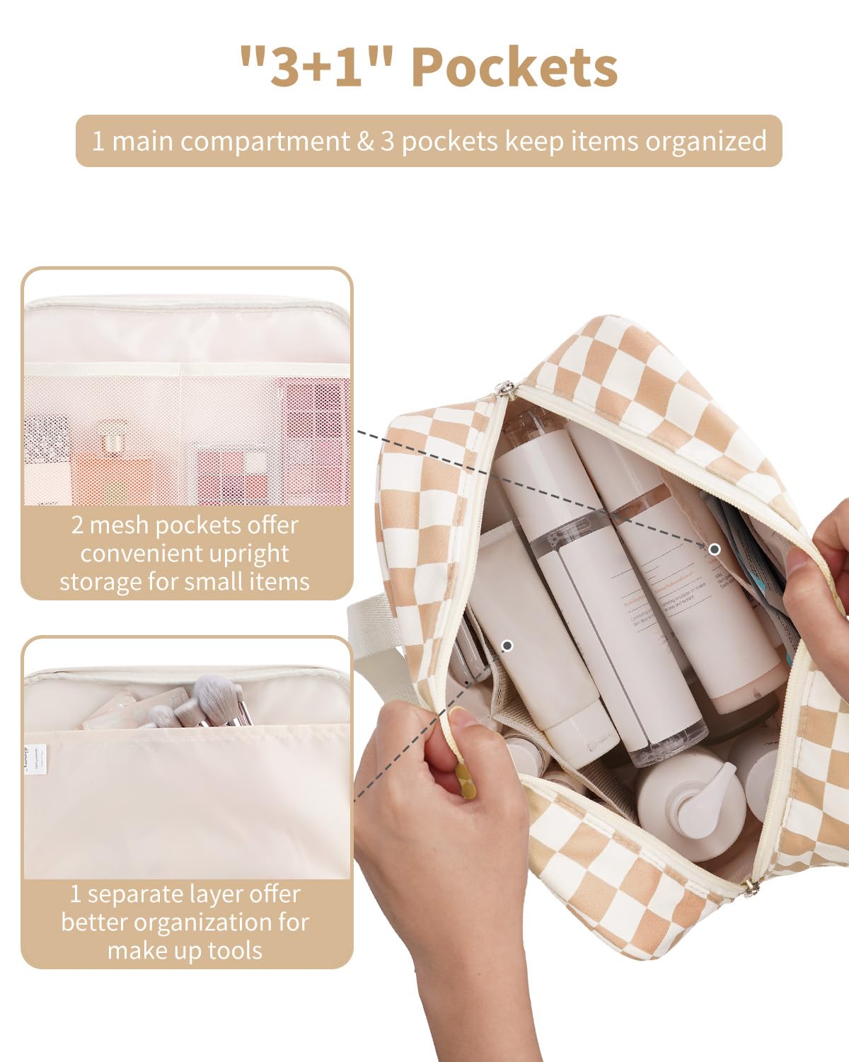 Narwey grand sac cosmétique à carreaux en tissu résistant à l'eau