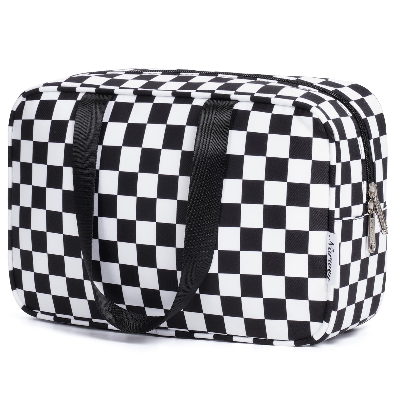 Narwey grande trousse toilette noir carreaux, rangement spacieux pour maquillage et articles de toilette.