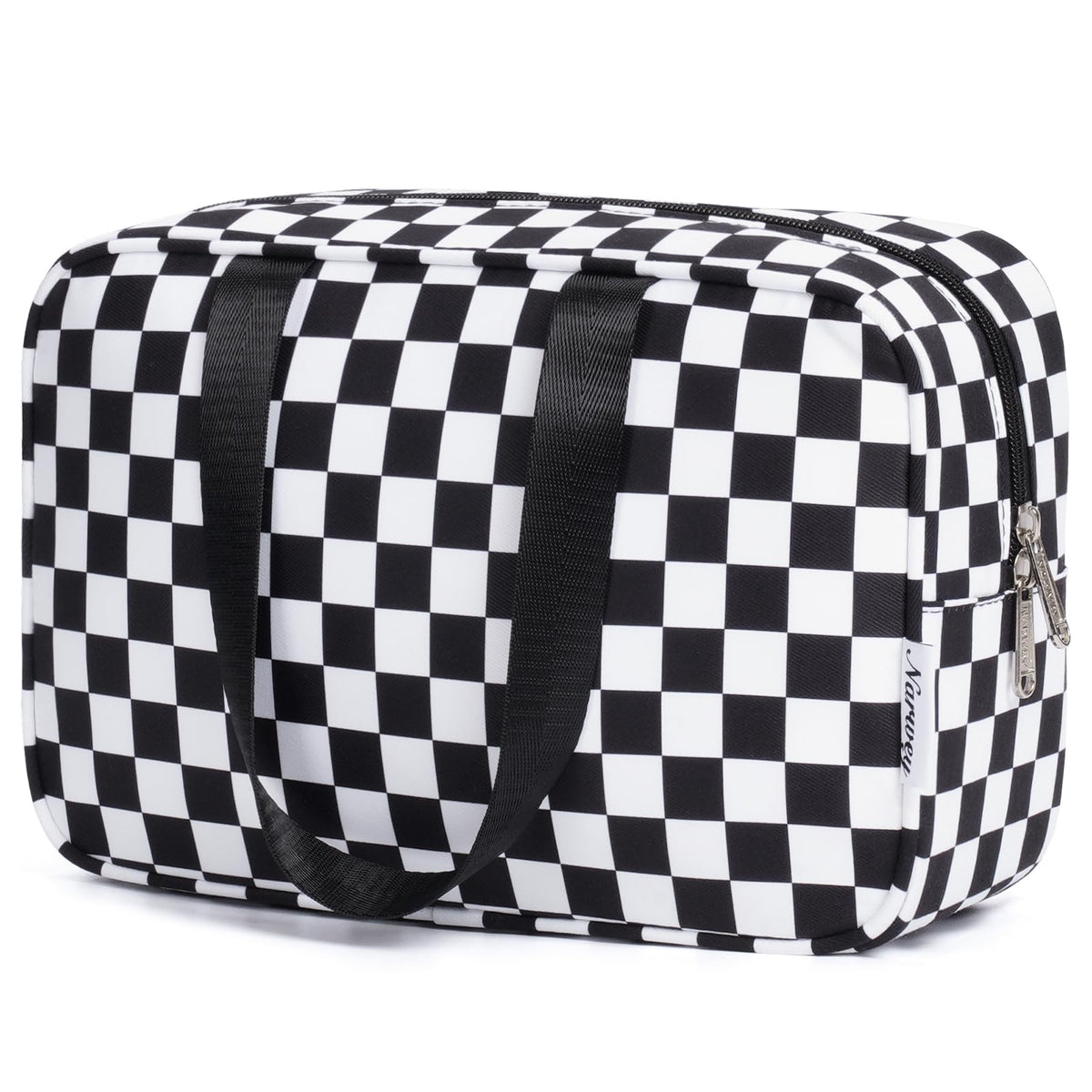 Narwey grande trousse toilette noir carreaux, rangement spacieux pour maquillage et articles de toilette.
