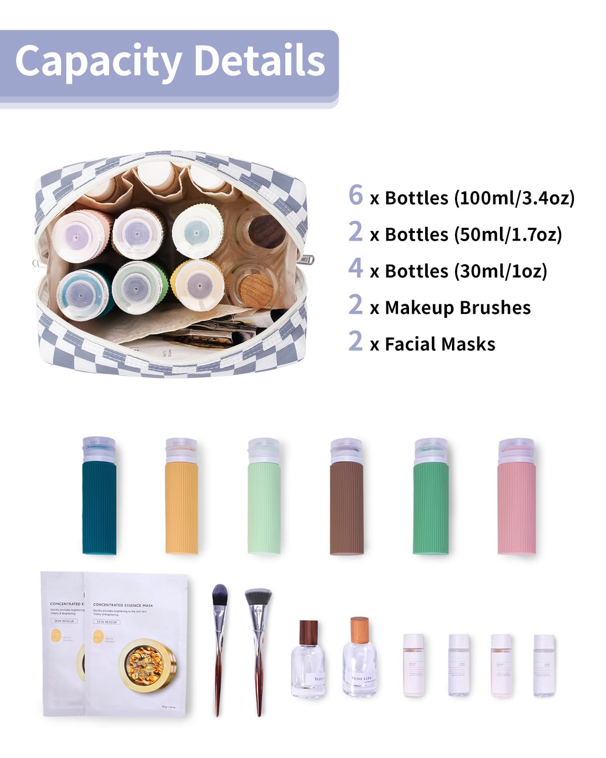 Narwey sac Checkered, ouvert, organisation facile des produits cosmétiques en voyage.