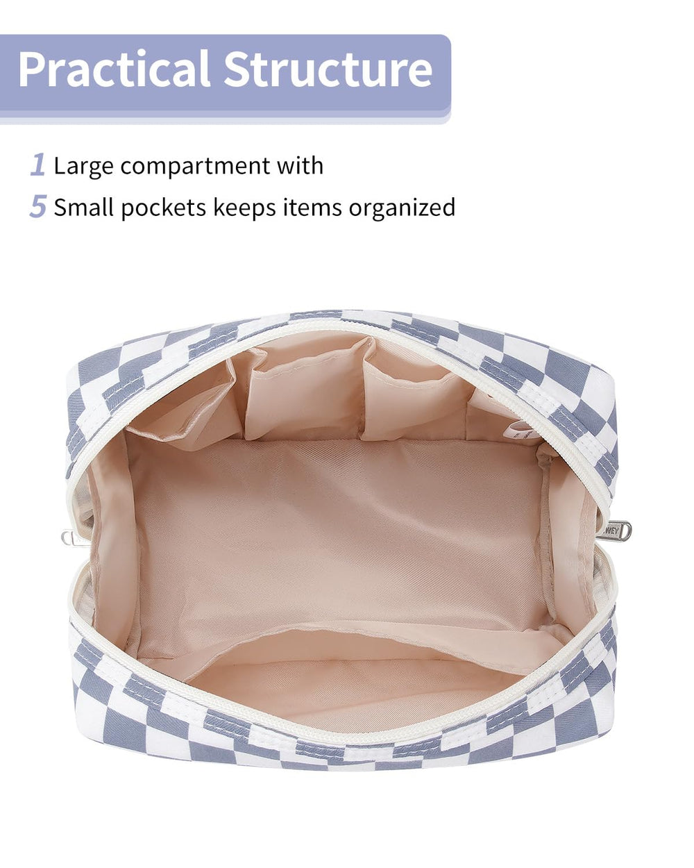 Narwey sac à maquillage Checkered, poches intérieures pratiques pour séparer les articles.