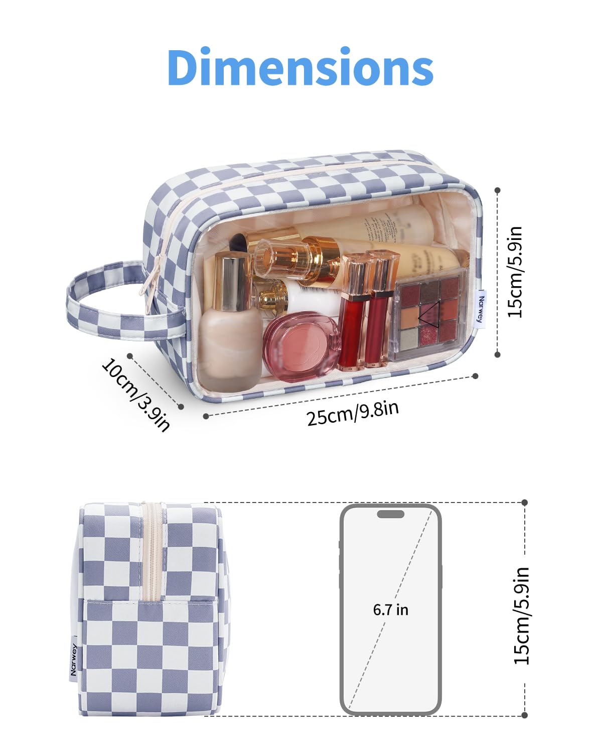 Narwey organiseur voyage transparent damier gris bleu, idéal pour articles de soin