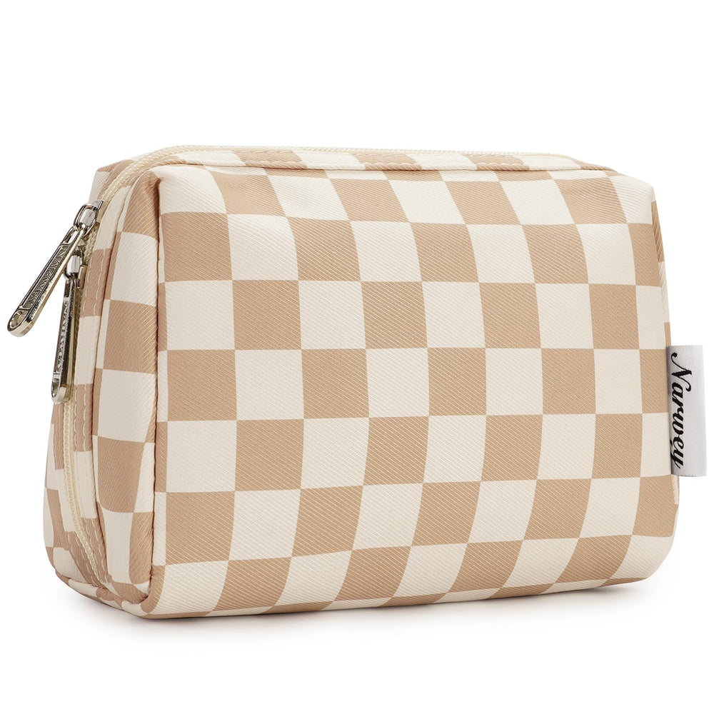 Narwey petite trousse maquillage carreaux clairs, rangement élégant pour sac.