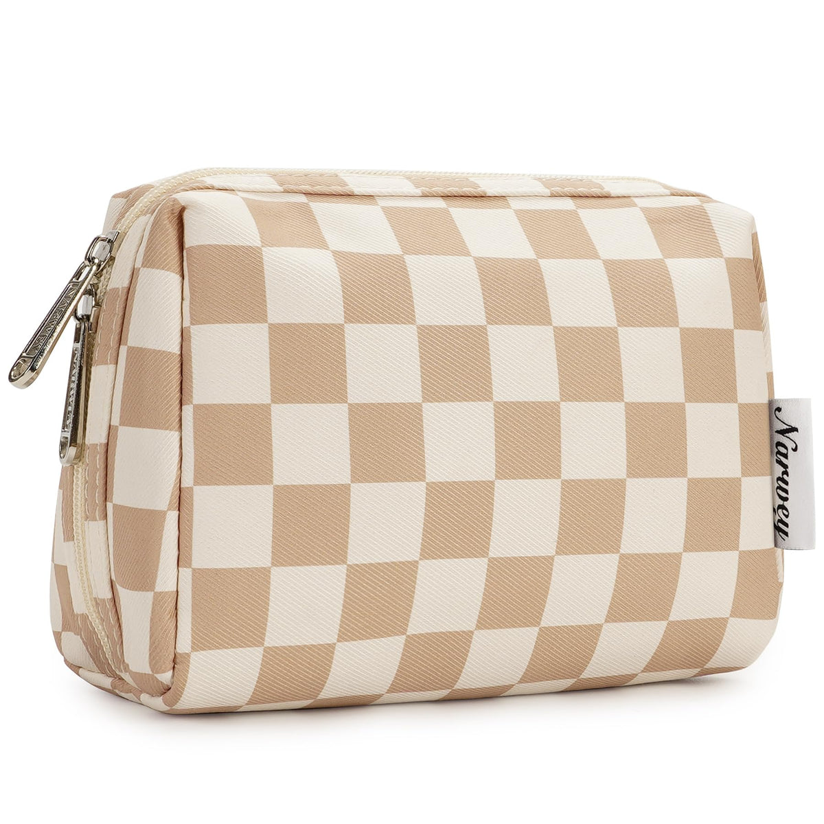 Narwey petite trousse maquillage carreaux clairs, rangement élégant pour sac.