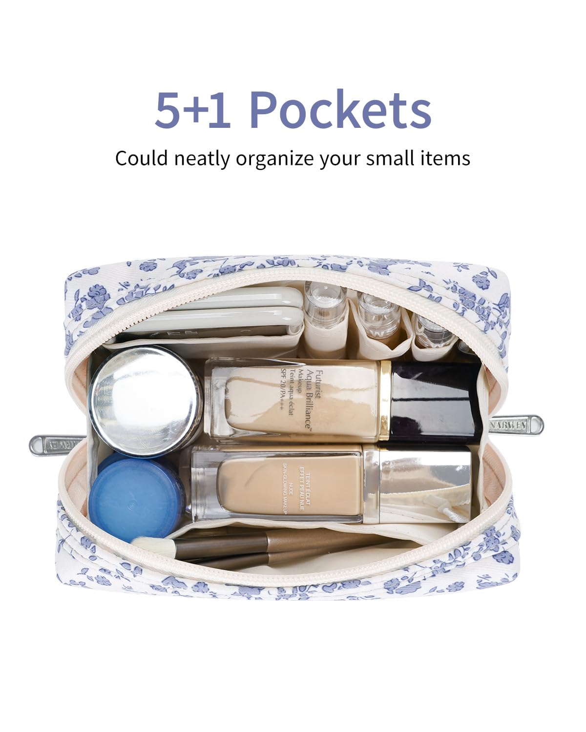 Narwey pochette maquillage avec 5 poches intérieures pour tout organiser.