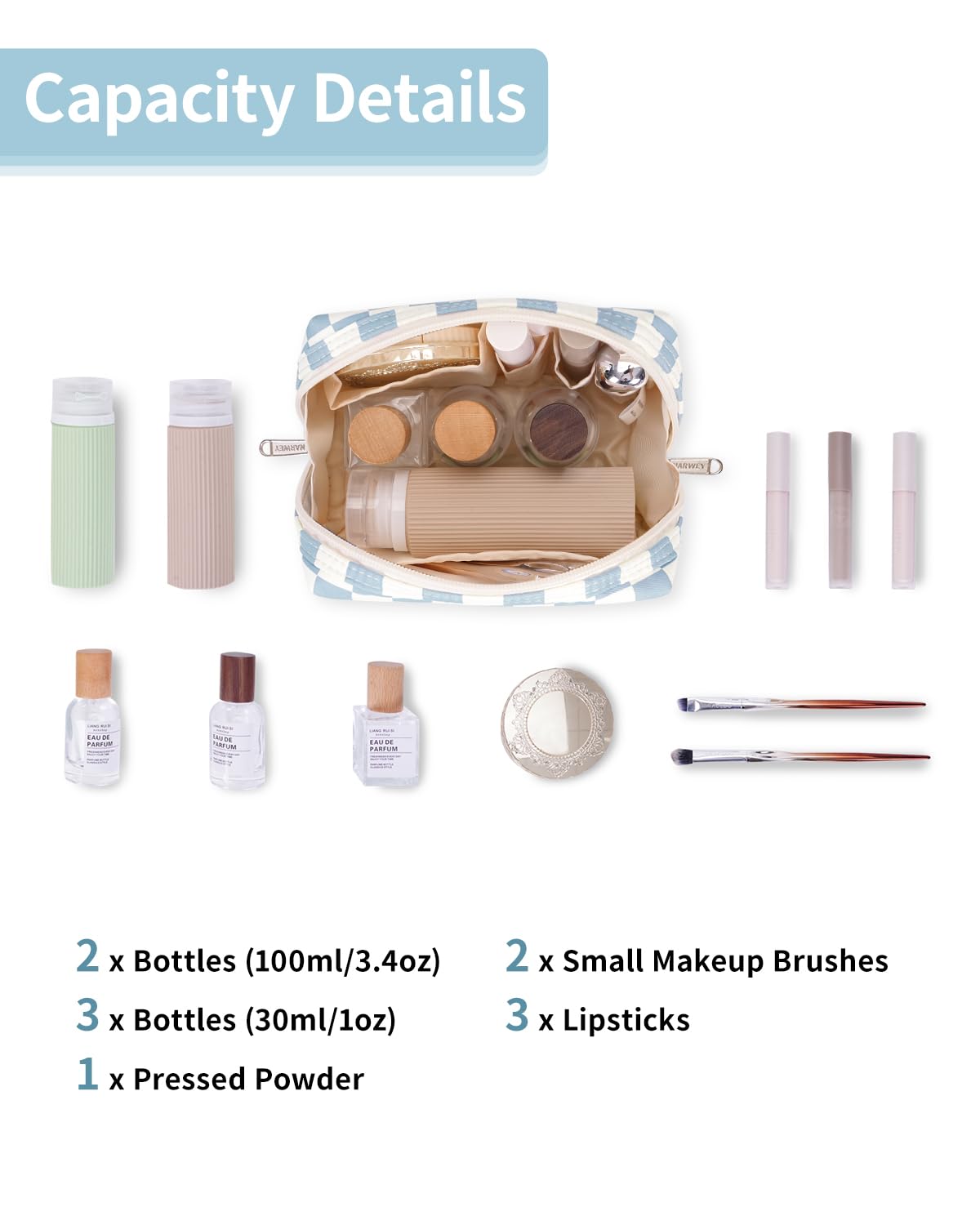 Poches internes pour rouge à lèvres et petit accessoire, rangement précis.