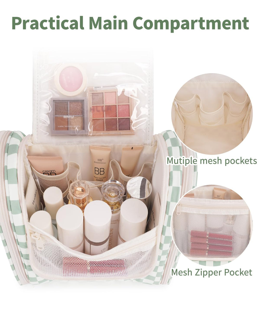 Narwey poches zippees intérieures et exterieures pour organiser maquillage et soins.
