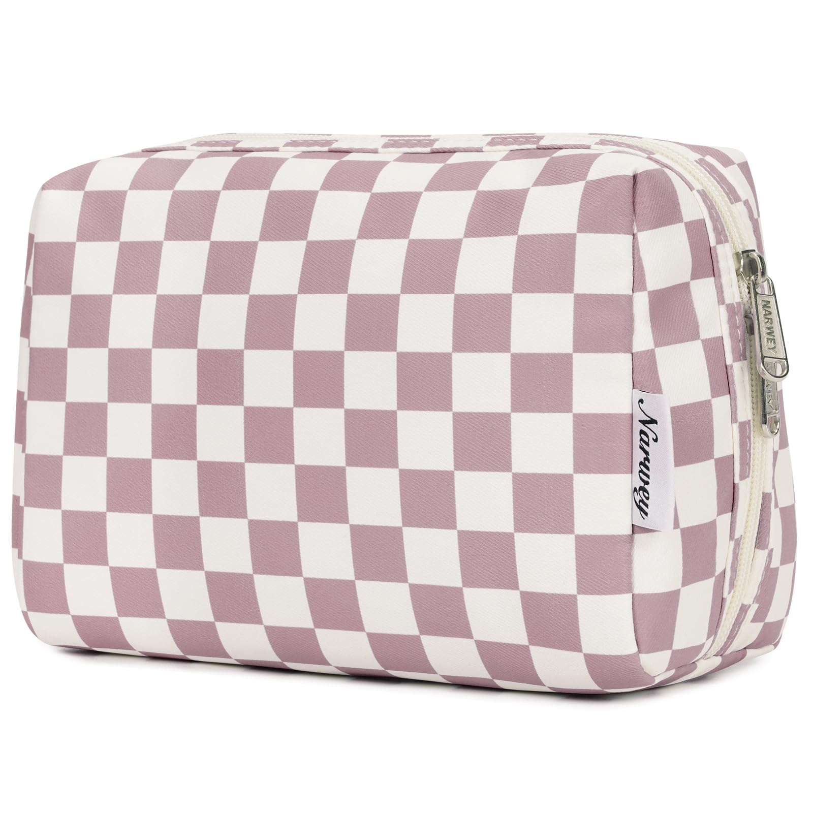 Pochette Narwey à motif carreaux rose, rangement maquillage pratique en voyage