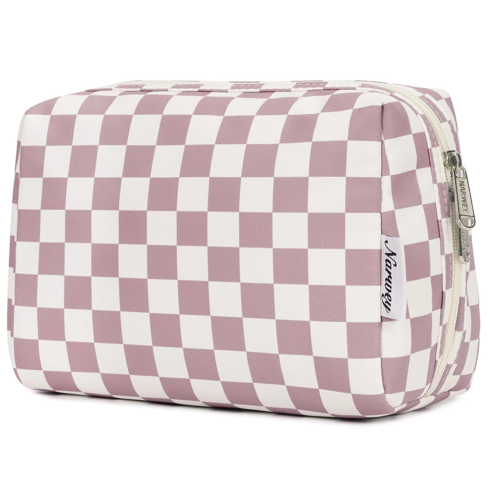 Pochette Narwey à motif carreaux rose, rangement maquillage pratique en voyage