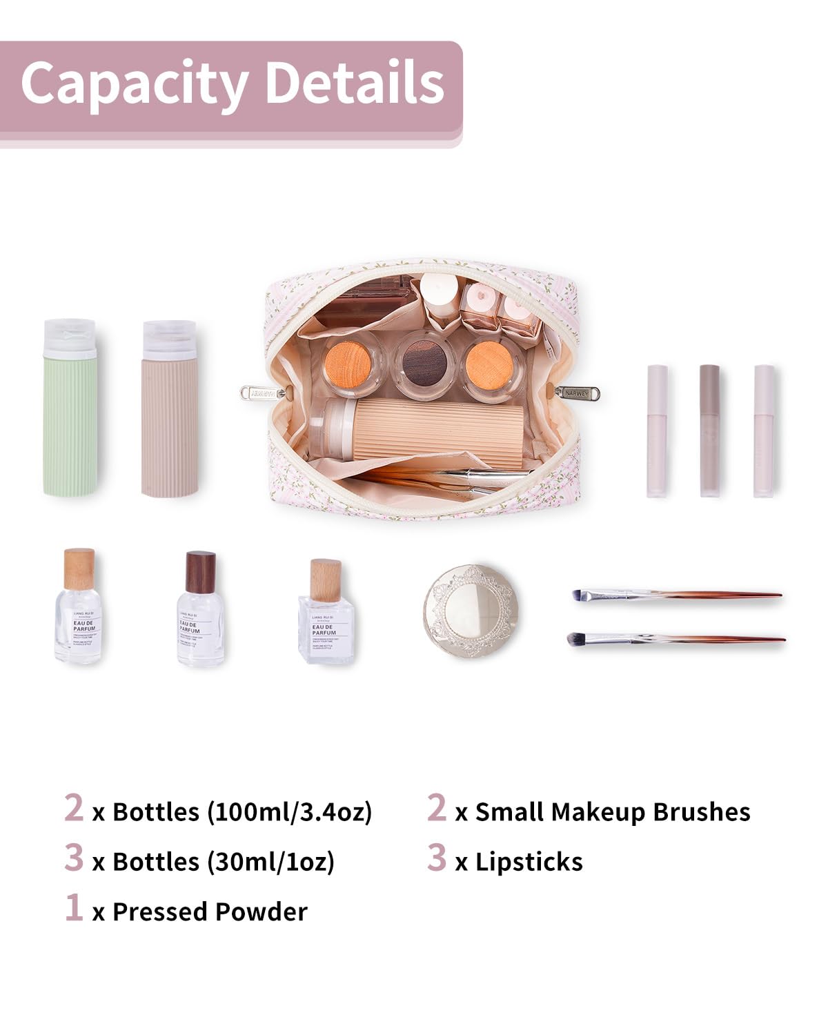 Narwey pochette maquillage compacte rose fleurs: rangement organisé avec plusieurs poches.