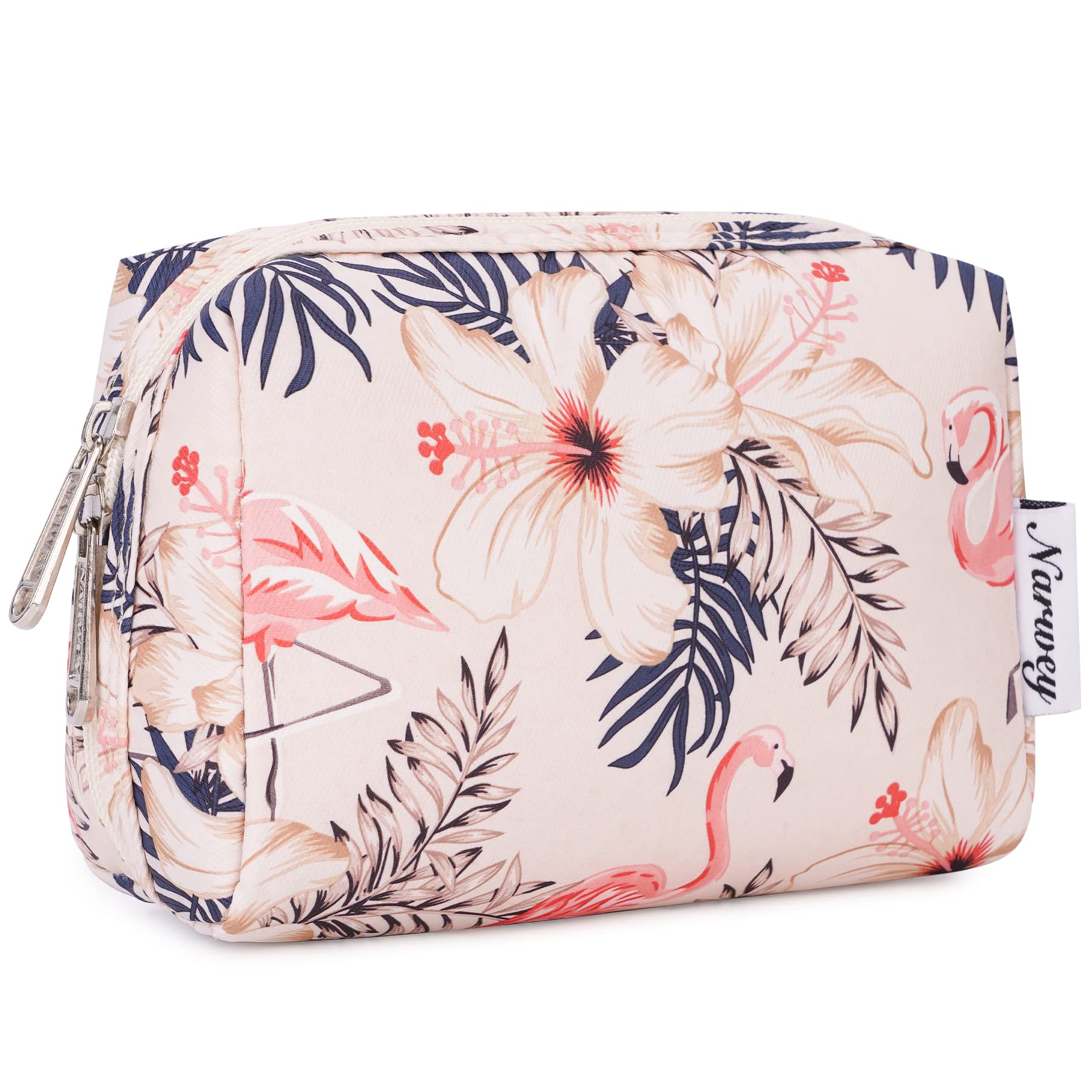 Pochette Narwey beige-flamant-rose compacte pour le maquillage en déplacement.