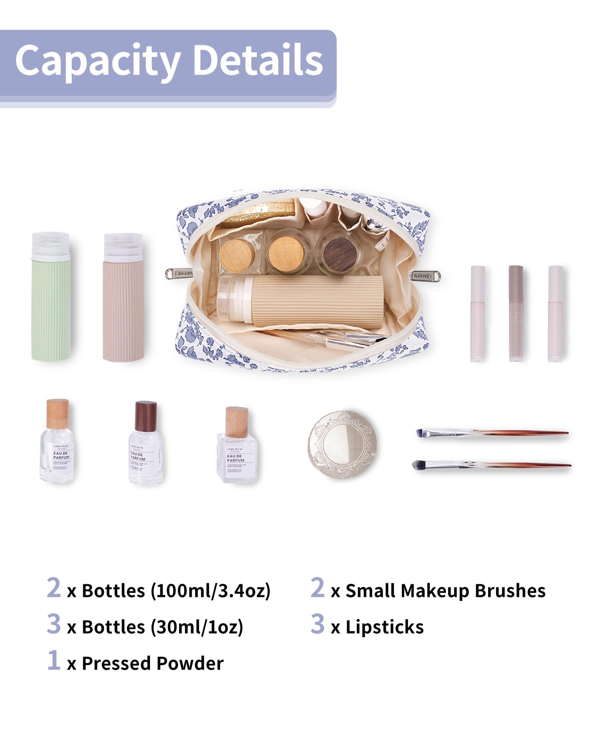 Narwey pochette polyvalente pour maquillage, accessoires et nécessaire de voyage.