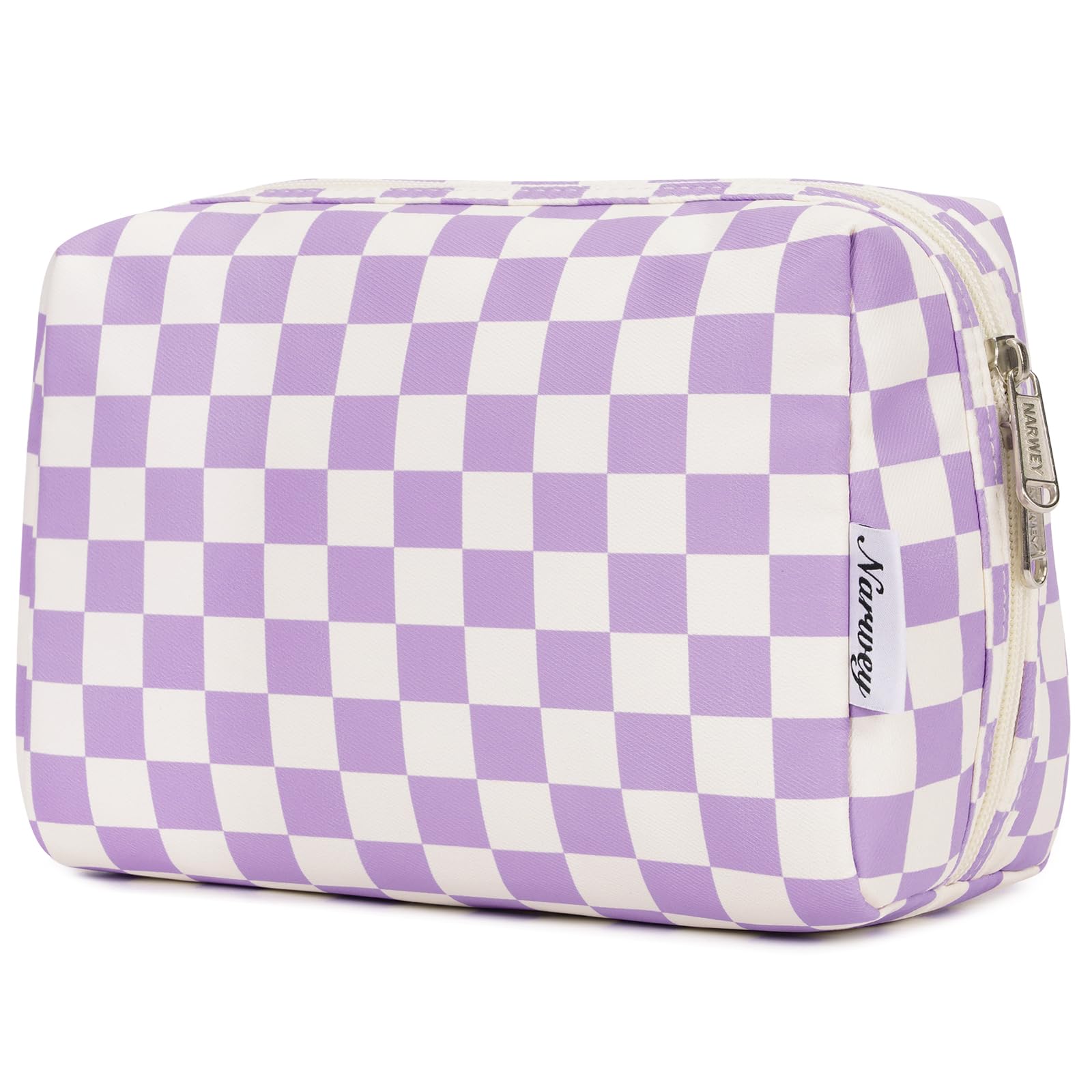 Narwey sac-maquillage à carreaux violet, vue avant, design élégant et pratique pour voyage.
