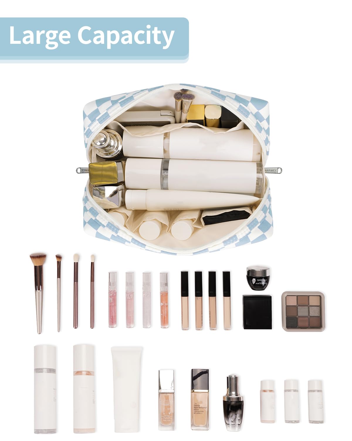 Narwey sac maquillage carreaux bleu ciel, 5 poches interieures bien organisees