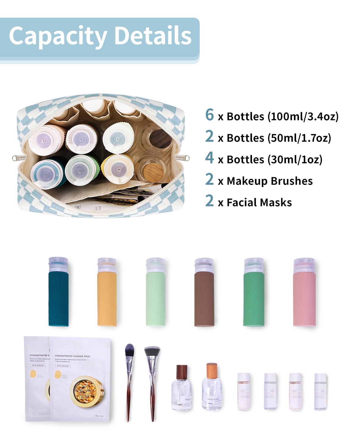 Narwey sac maquillage carreaux bleu ciel avec fermetures eclair robustes