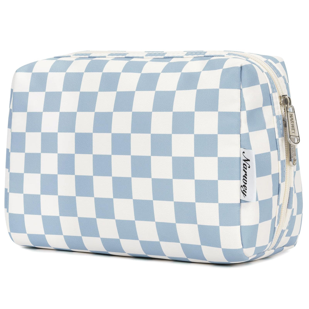 Narwey sac maquillage carreaux bleu ciel ouvert, rangement pratique voyage