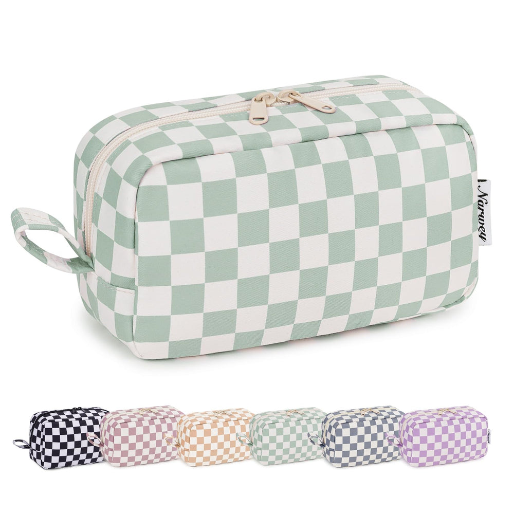 Trousse Narwey à carreaux menthe grande prête pour voyage et rangement.