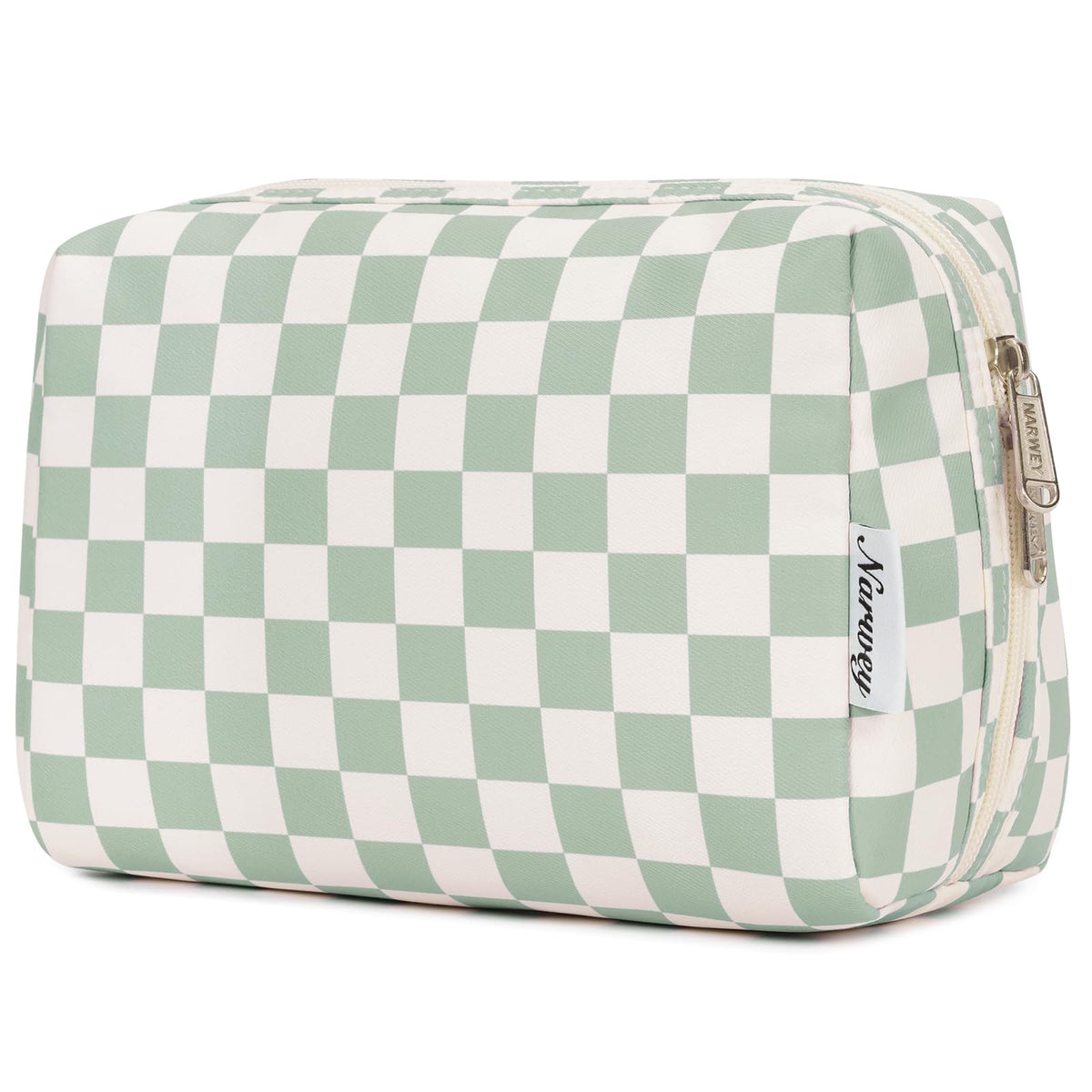 Narwey sac maquillage carreaux menthe, rangement élégant pour produits beauté en déplacement.
