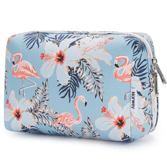 Narwey sac maquillage flamant bleu ouvert, rangement pratique en voyage.