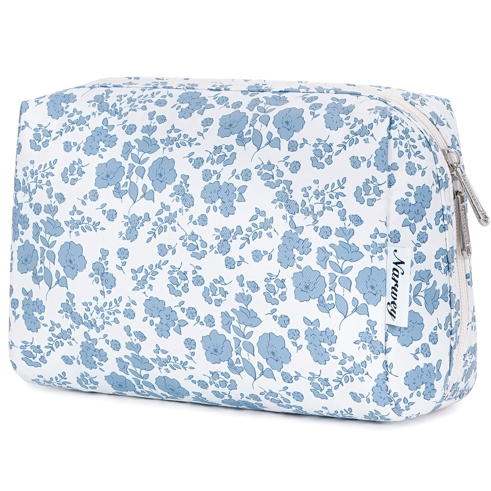 Narwey sac-maquillage floral bleu grand, rangement cosmétique organise pour les voyages