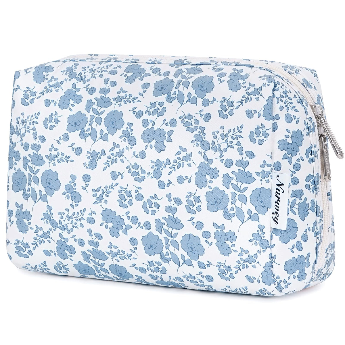Narwey sac-maquillage floral bleu grand, rangement cosmétique organise pour les voyages