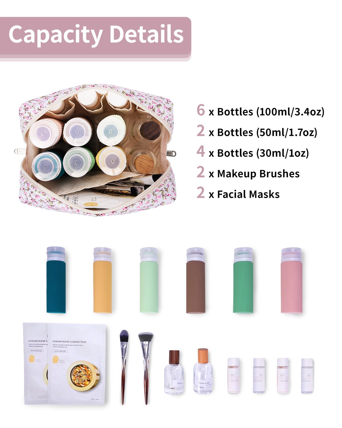 Narwey sac-maquillage floral grande - détail des poches intérieures pour organiser le contenu.