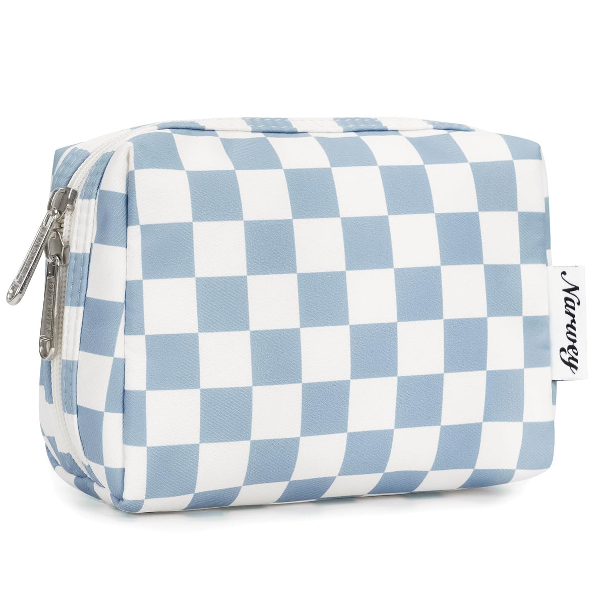 Sac Narwey maquillage mini carreaux bleu ciel, pratique pour le sac à main.