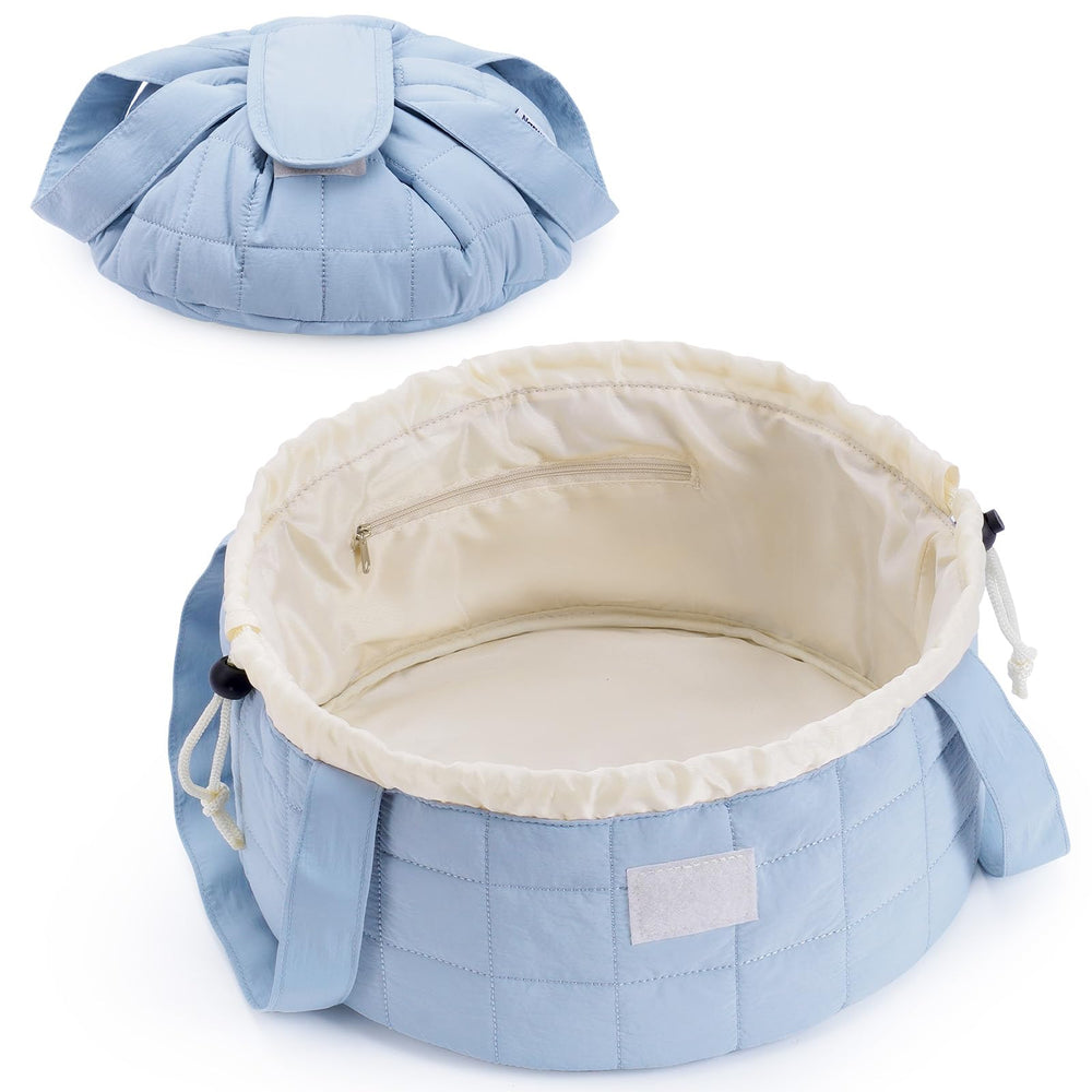 Narwey sac maquillage quilté bleu, vue avant, rangement élégant et pratique pour voyage.