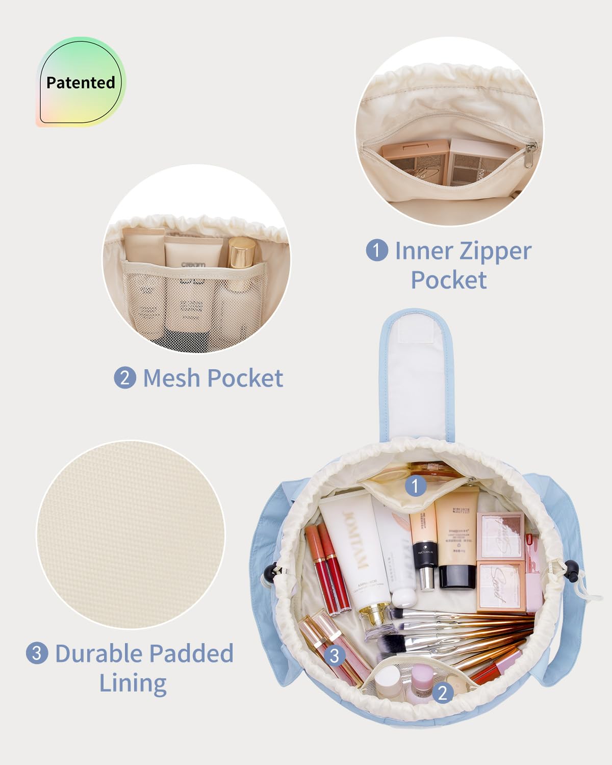 Narwey sac maquillage quilté bleu, fermeture velcro et cordons sécurisés.