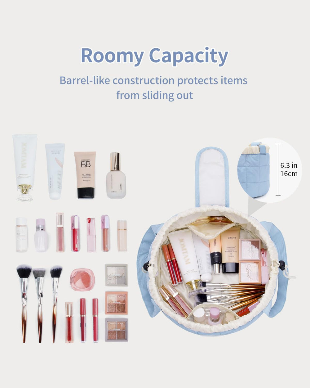 Narwey sac maquillage quilté bleu, intérieur organisé pour accès rapide.