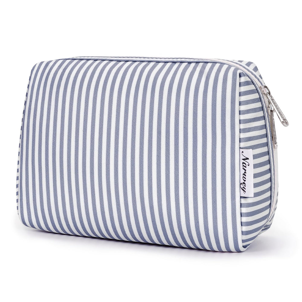 Narwey sac maquillage rayé gris bleu grand, rangement élégant pour le voyage