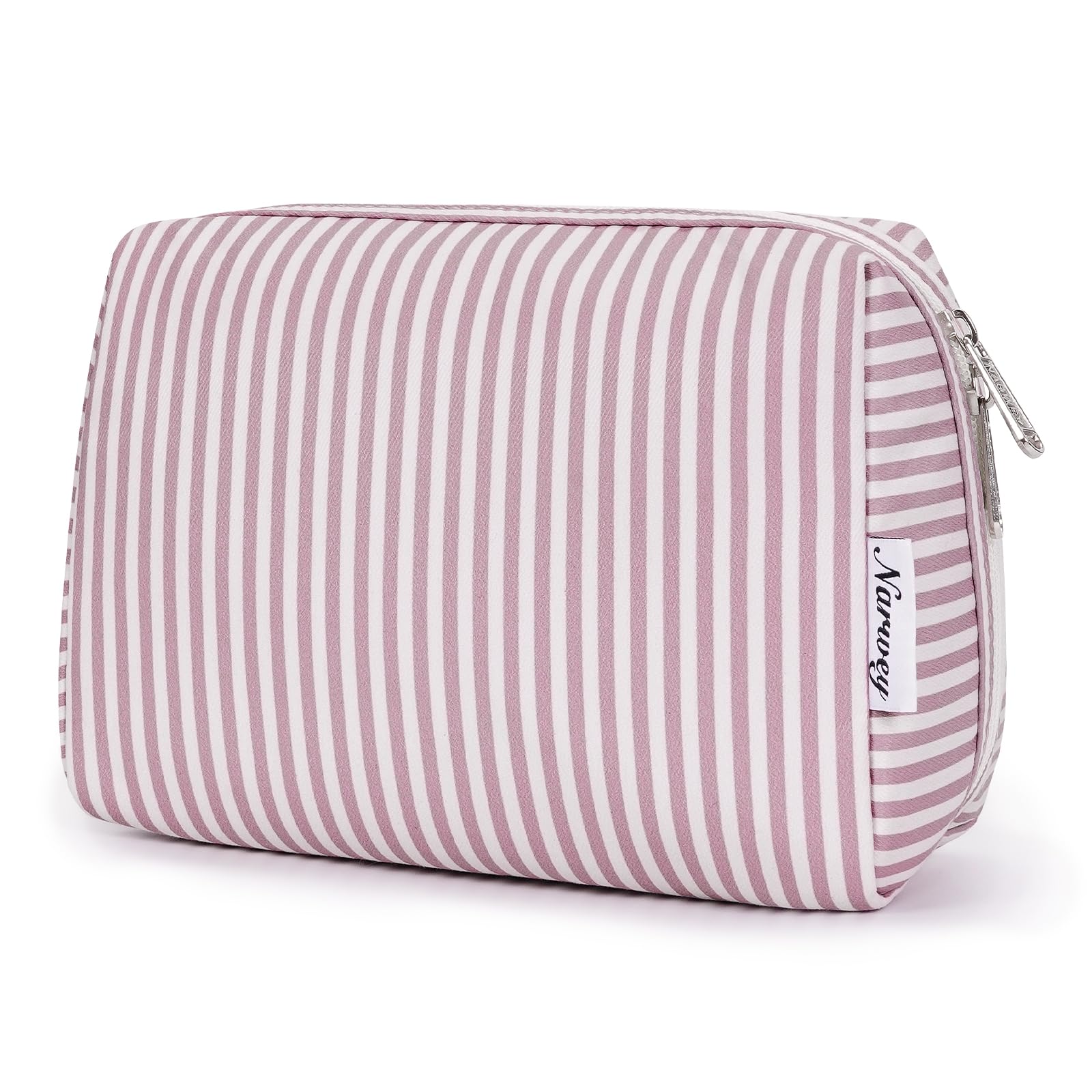 Narwey sac maquillage rayé rose poussiereux vue avant, rangement élégant.
