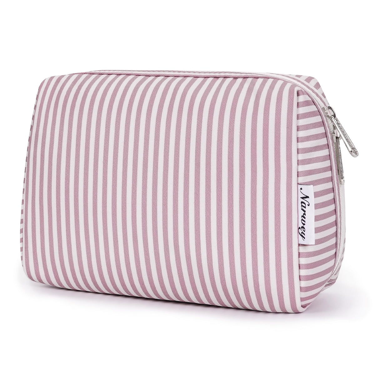 Narwey sac maquillage rayé rose poussiereux vue avant, rangement élégant.
