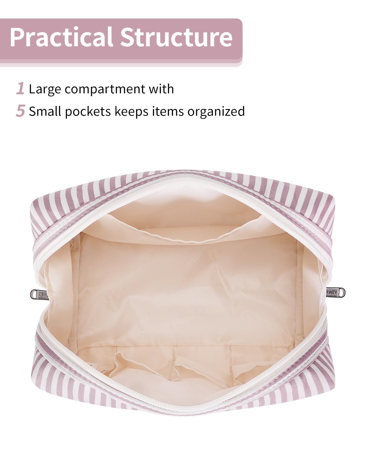 Narwey sac maquillage rayé rose poussiereux, vue ouverte montrant les compartiments.