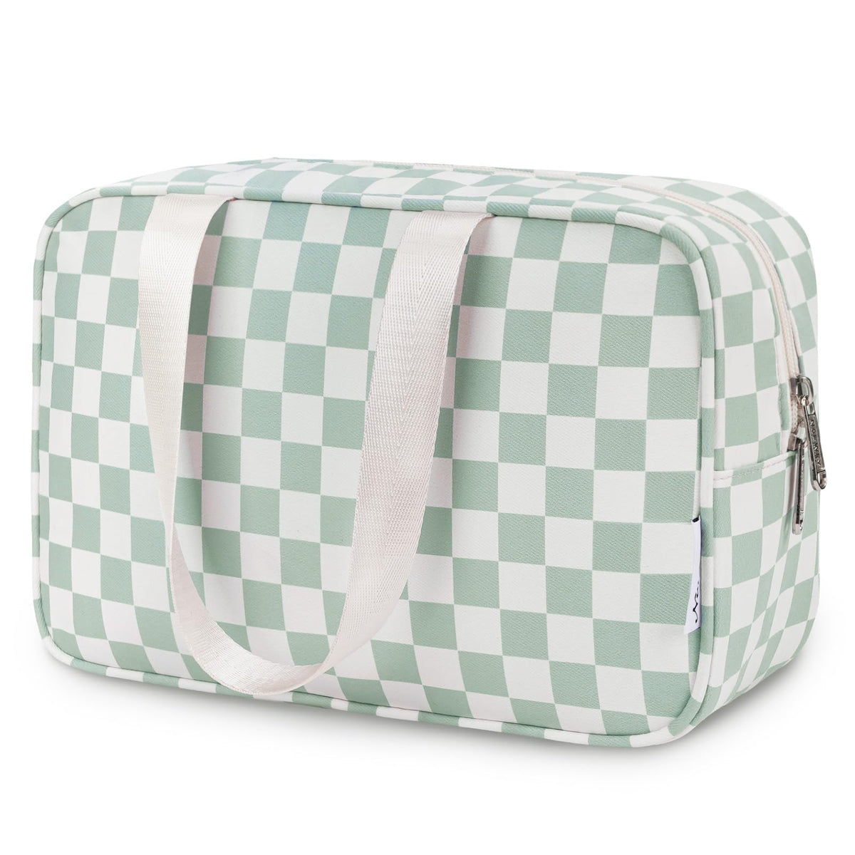 Narwey sac toilettage grand format carreaux vert menthe, parfait pour organiser vos essentiels de voyage.