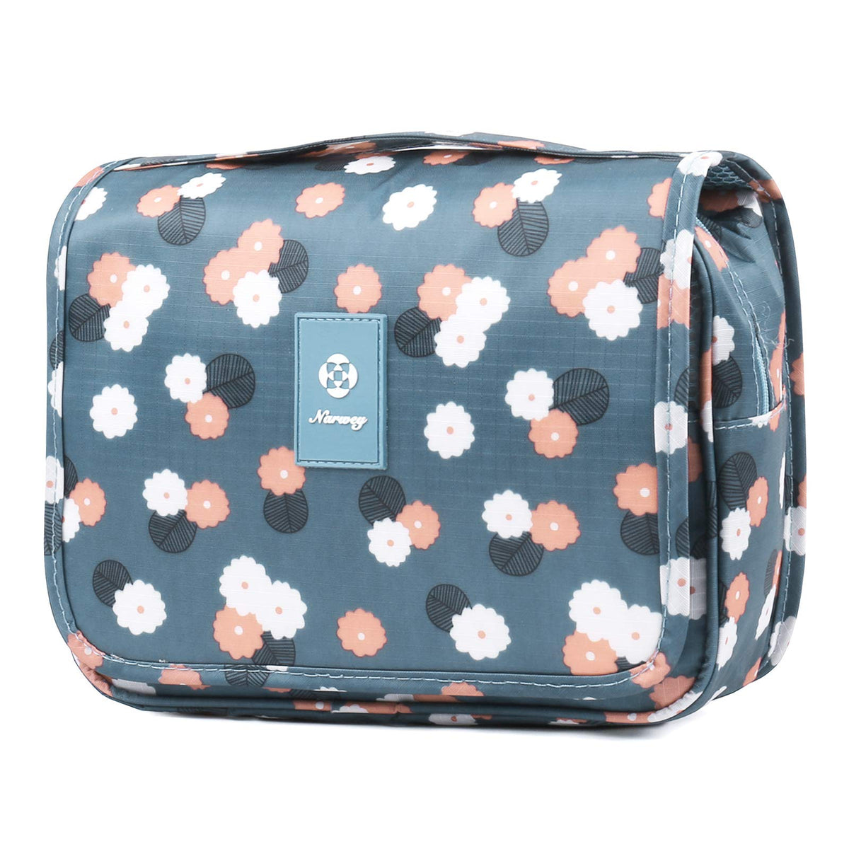 Narwey sac de toilette suspendu bleu fleuri, pratique grâce au crochet intégré.
