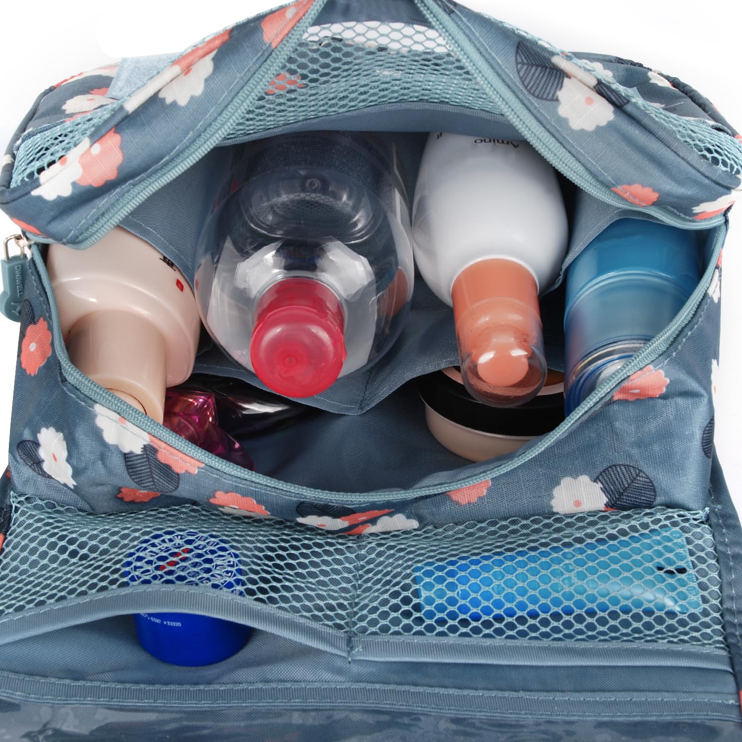 Narwey sac de toilette suspendu ouvert bleu fleuri, aperçu des poches de rangement.