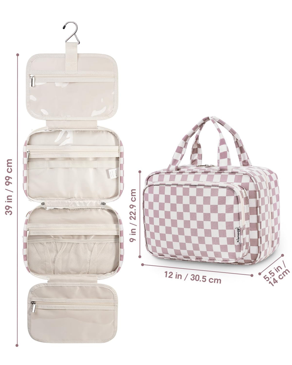 Narwey sac toilette voyage carreaux rose poudré grand-format, élégant et pratique.
