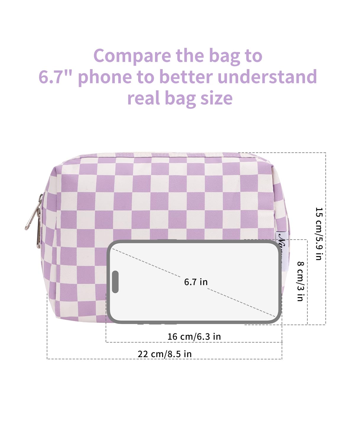 Narwey sac à carreaux violet, taille adaptée pour les essentiels du quotidien.
