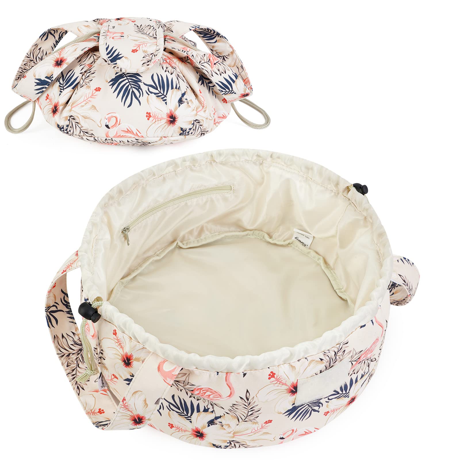 Trousse Narwey Baril grande avec motif floral beige et flamant rose, idéale pour le voyage.