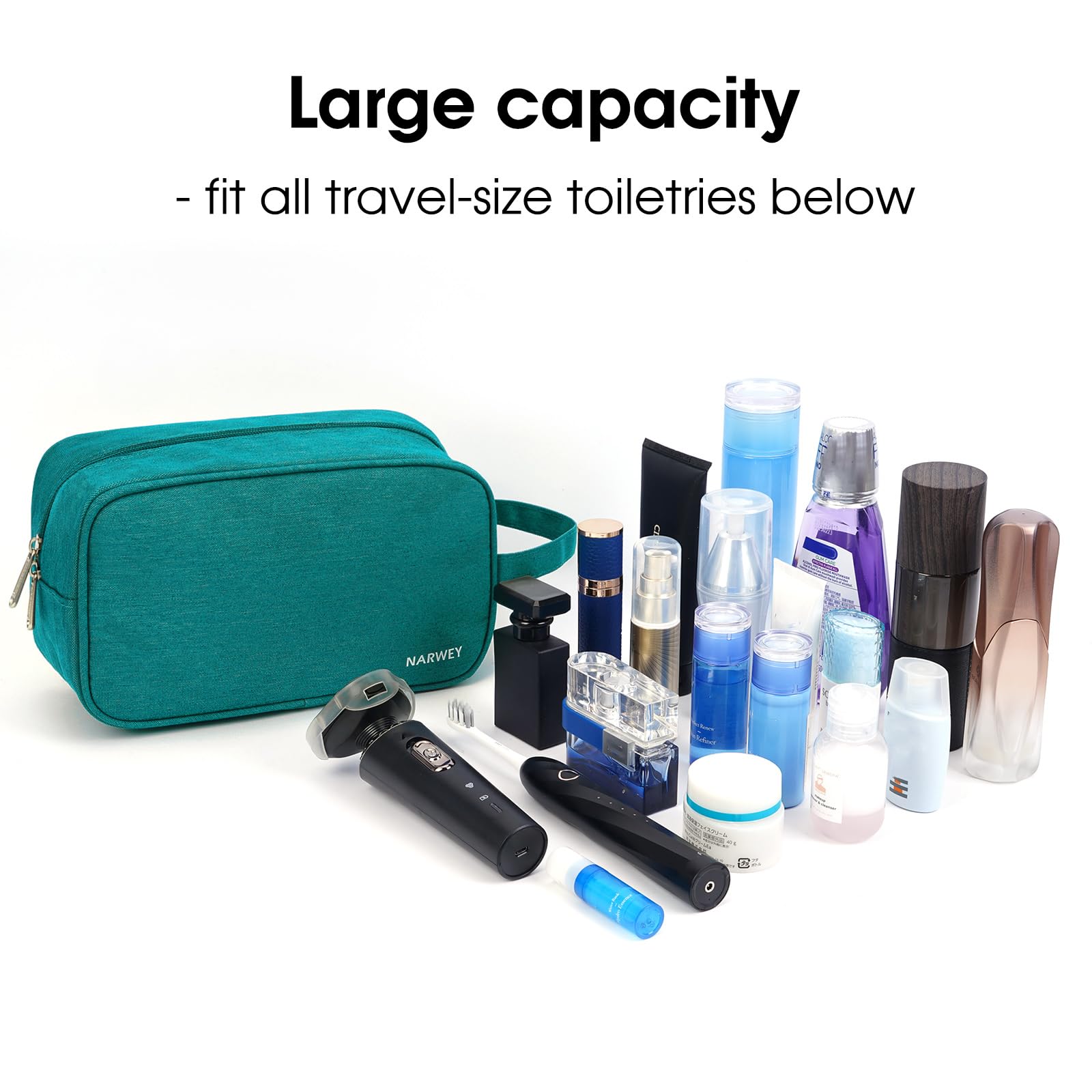 Narwey trousse de toilette voyage turquoise, tissu imperméable facile à nettoyer.