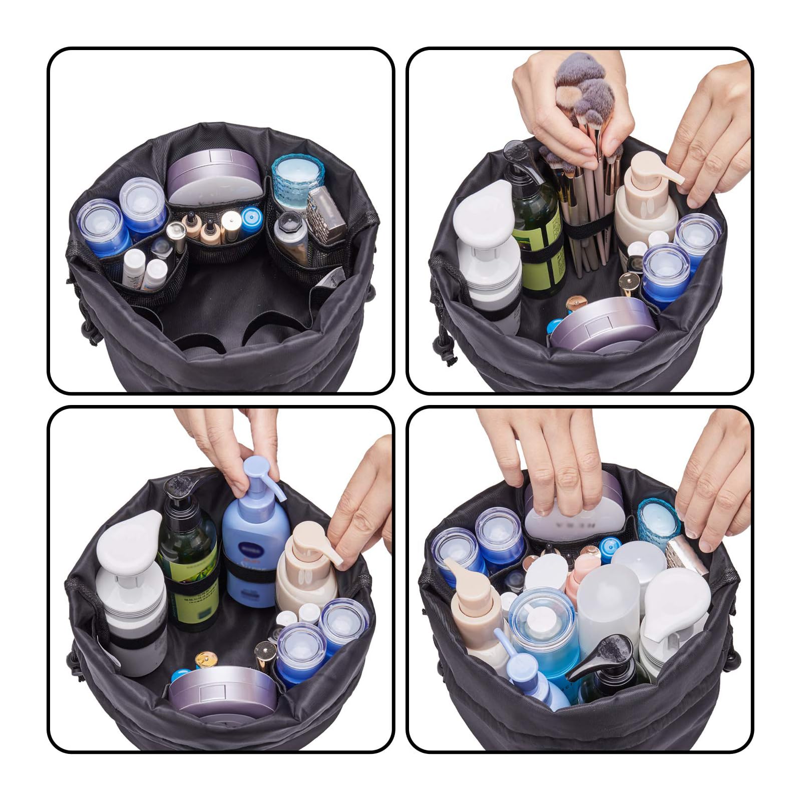Narwey trousse maquillage cordon large noir poches mesh, accès rapide à l'essentiel