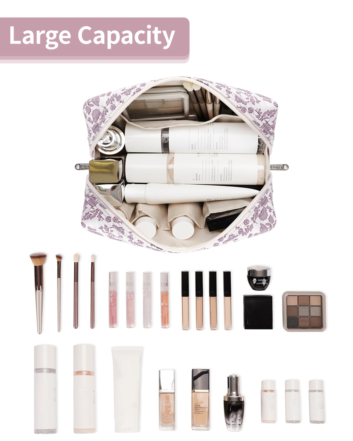 Trousse Narwey fleurie ouverte, organisation claire pour accéder rapidement aux produits